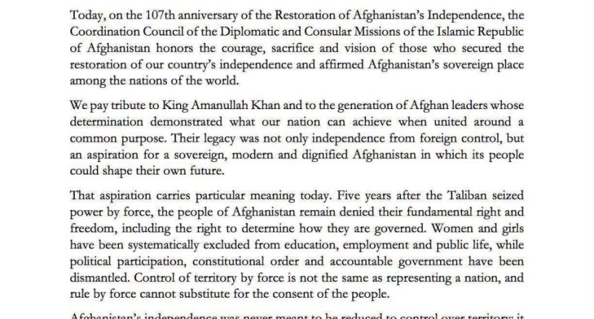 Statement by the Coordination Council on the 107th Anniversary  of Afghanistan National Day