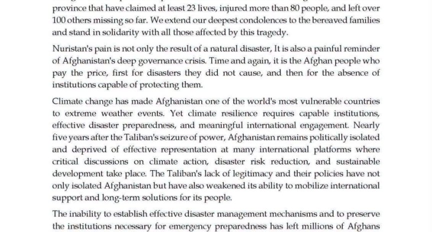 Statement by the Coordination Council on the Devastating Floods in Nuristan