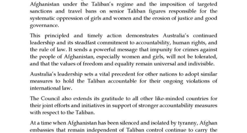 Statement by the Coordination Council of Diplomatic & Consular Missions on Australia’s Autonomous Sanctions Framework and Sanctions Against Taliban