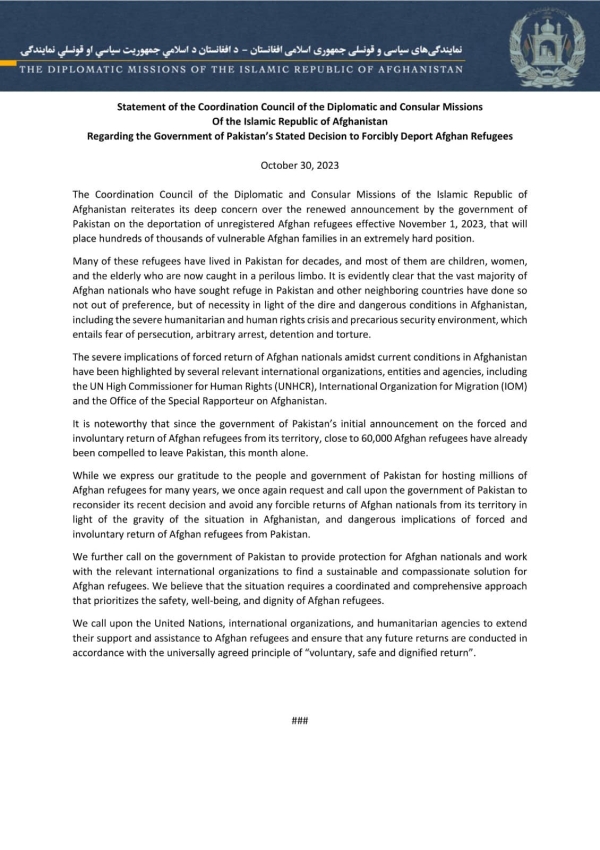 Statement of the Coordination Council of the Diplomatic and Consular Missions of Afghanistan Regarding the Government of Pakistan&rsquo;s Stated Decision to Forcibly Deport Afghan Refugees.