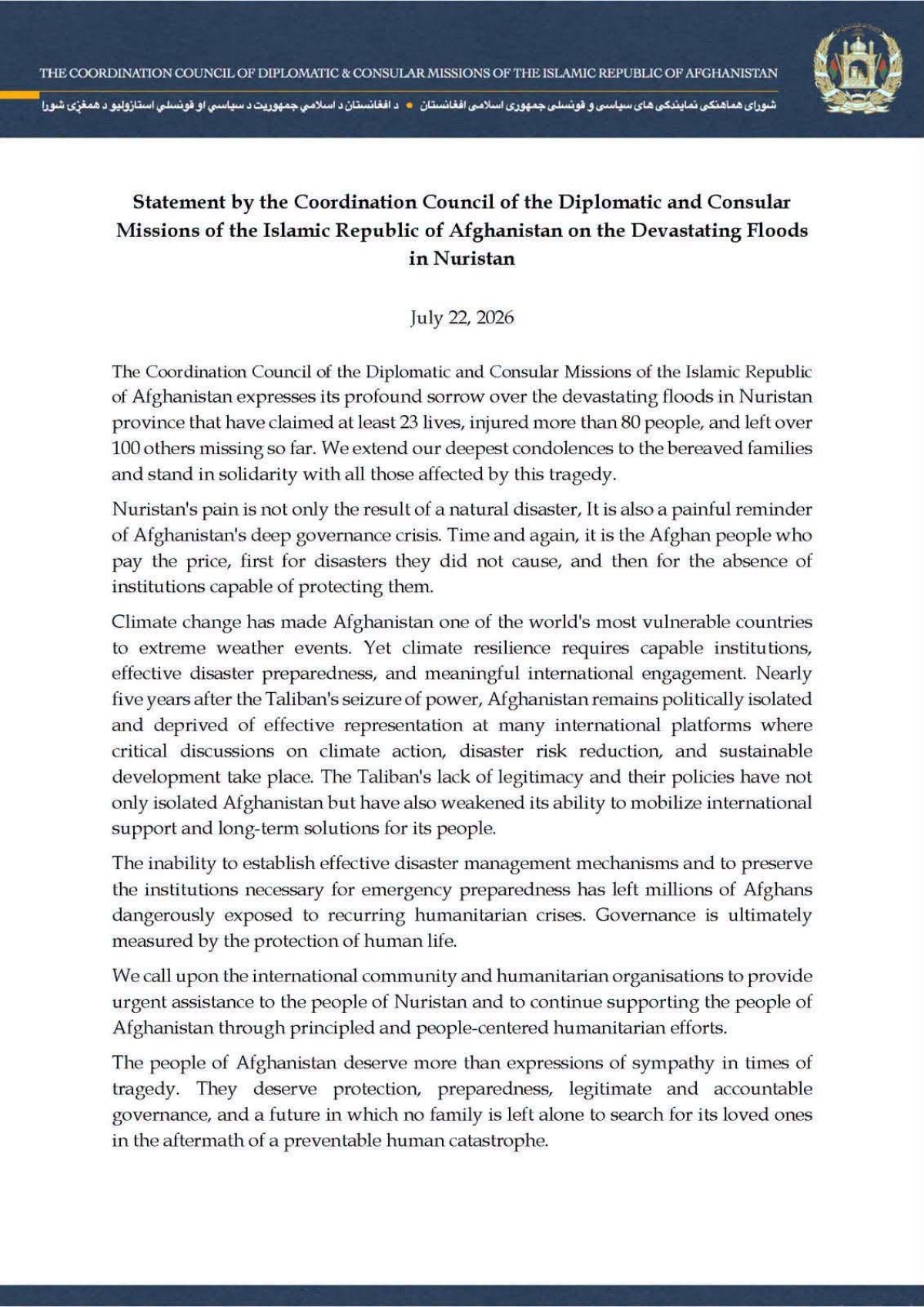 Statement by the Coordination Council on the Devastating Floods in Nuristan