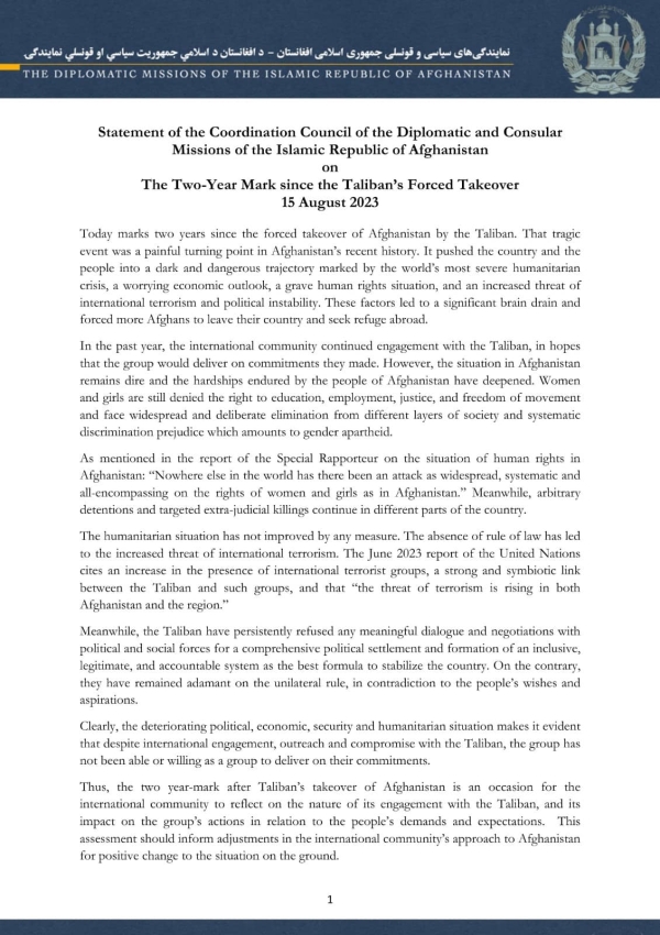 Statement of the Coordination Council of the Diplomatic and Consular Missions of the Islamic Republic of Afghanistan on the  Two-Year Mark since the Taliban&rsquo;s Forced Takeover of Afghanistan