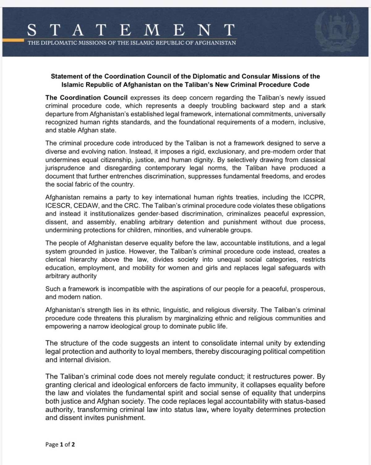 Statement of the Coordination Council of the Diplomatic and Consular Missions of the Islamic Republic of Afghanistan on the Taliban&rsquo;s New Criminal Procedure Code