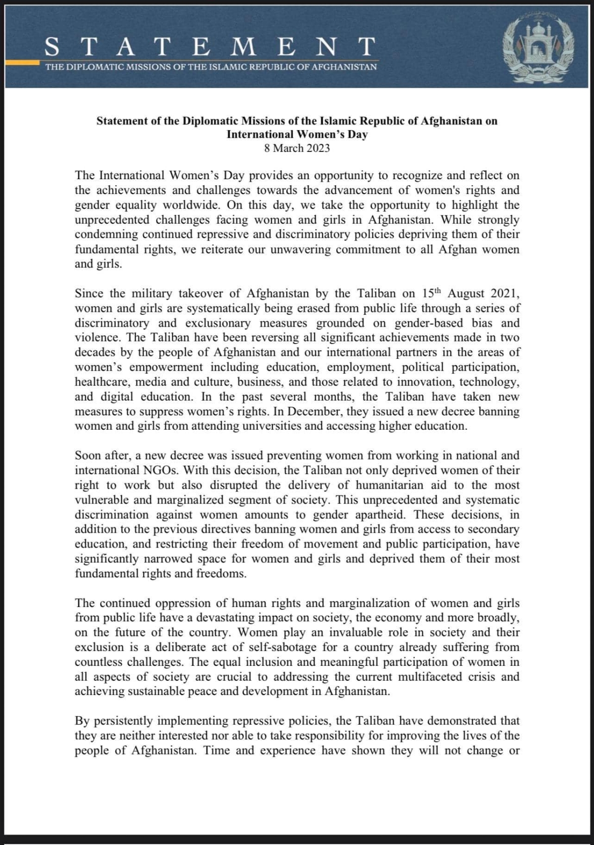 Statement of the Diplomatic Missions of the Islamic Republic of Afghanistan on International Women&#039;s Day.  March 08, 2023