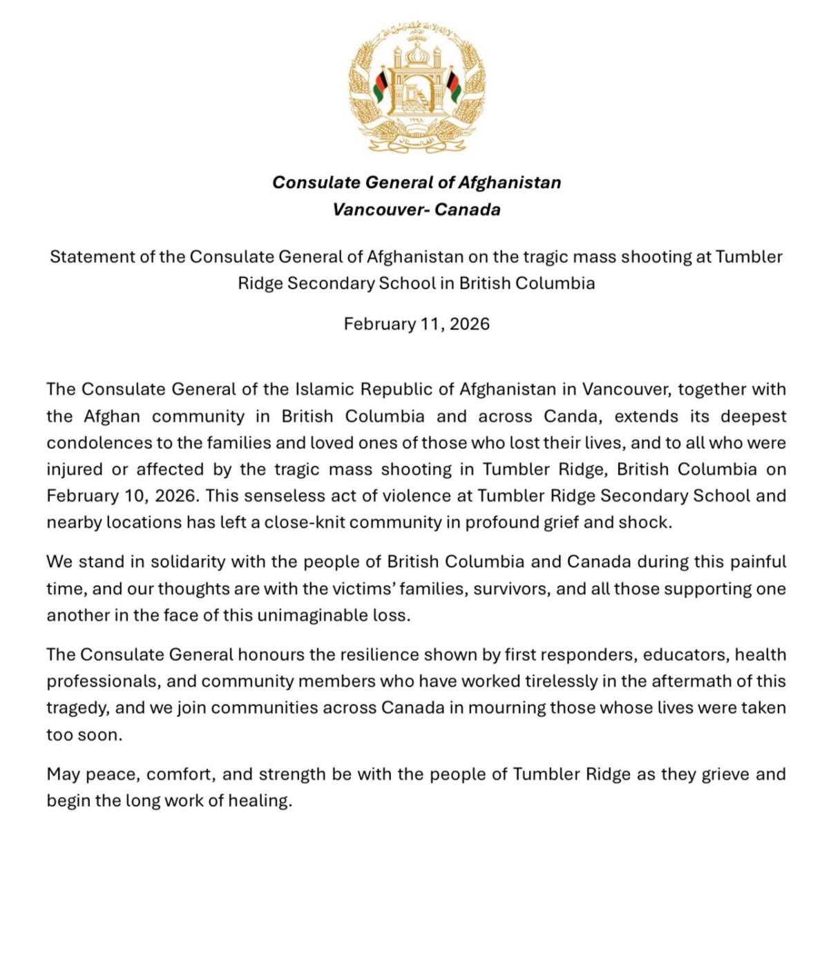 Statement of the Consulate General of Afghanistan on the tragic shootings in Tumbler Ridge, B.C.